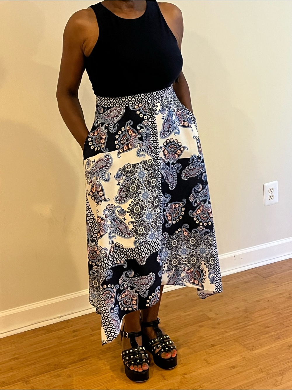 Vince Camuto Navy and White Paisley High-Low Skirt